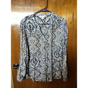 Coldwater Creek Boho Floral Paisley Blouse L 14 Blue Brown Rayon Peasant Top